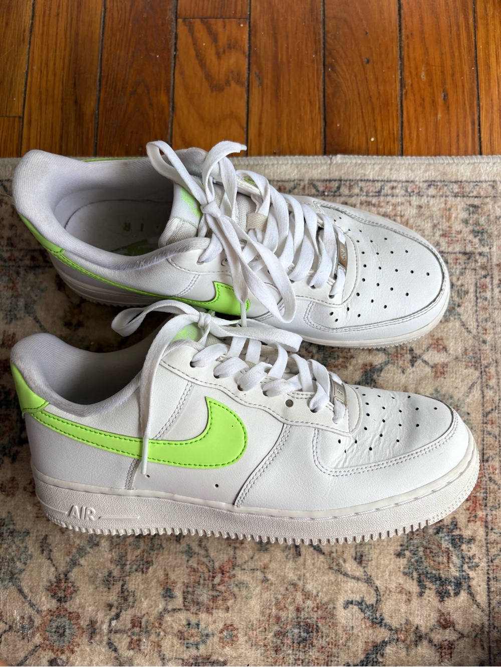 Women’s Nike White Low-Top Air Force Sneakers with Neon Green Swoosh Size 8.5